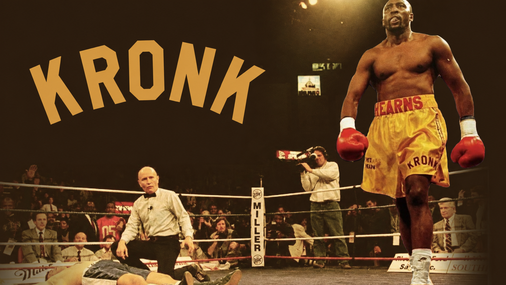 Tommy Hearns in the ring with KRONK lettering